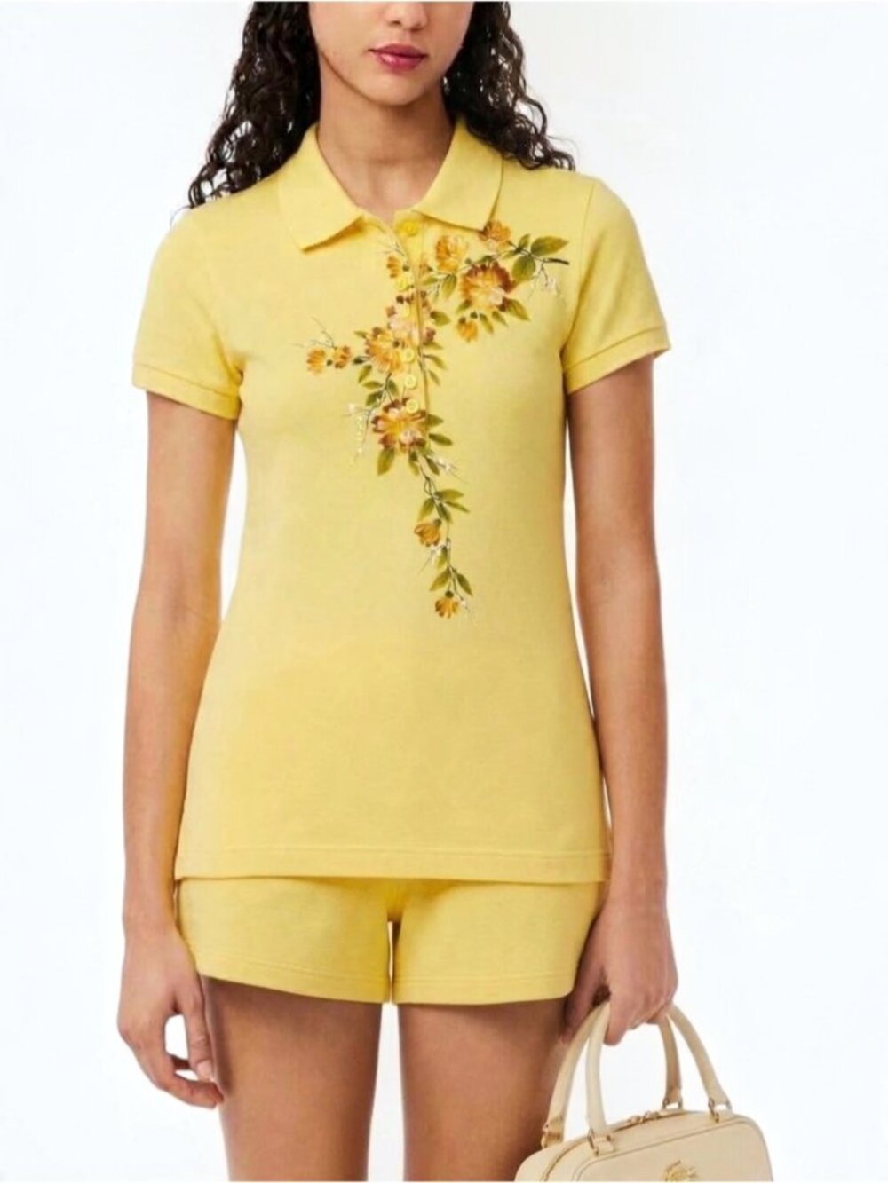 RARE Lacoste Yellow Floral Vine Polo Shirt M 100% Cotton Embroidered polo collar